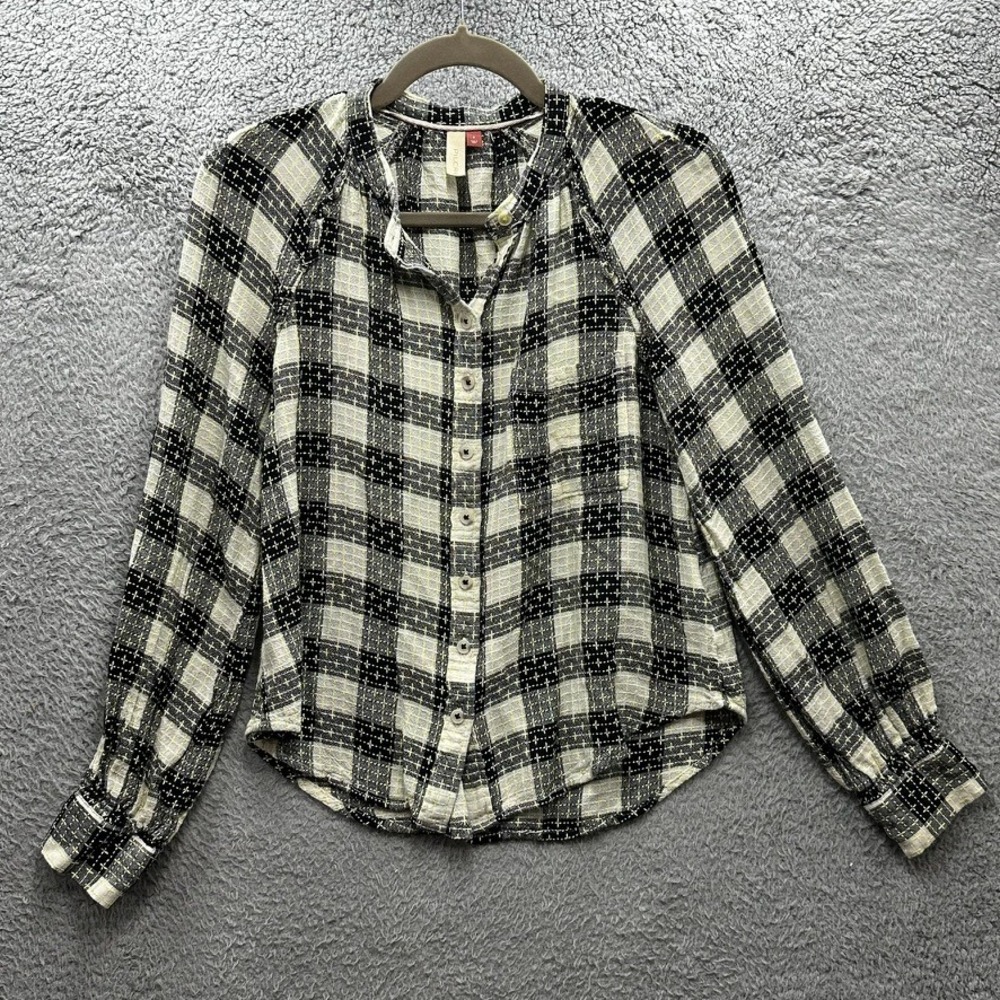 Pilcro and the Letterpress Women Black Ivory Plaid Wool Blend Button Down Shirt